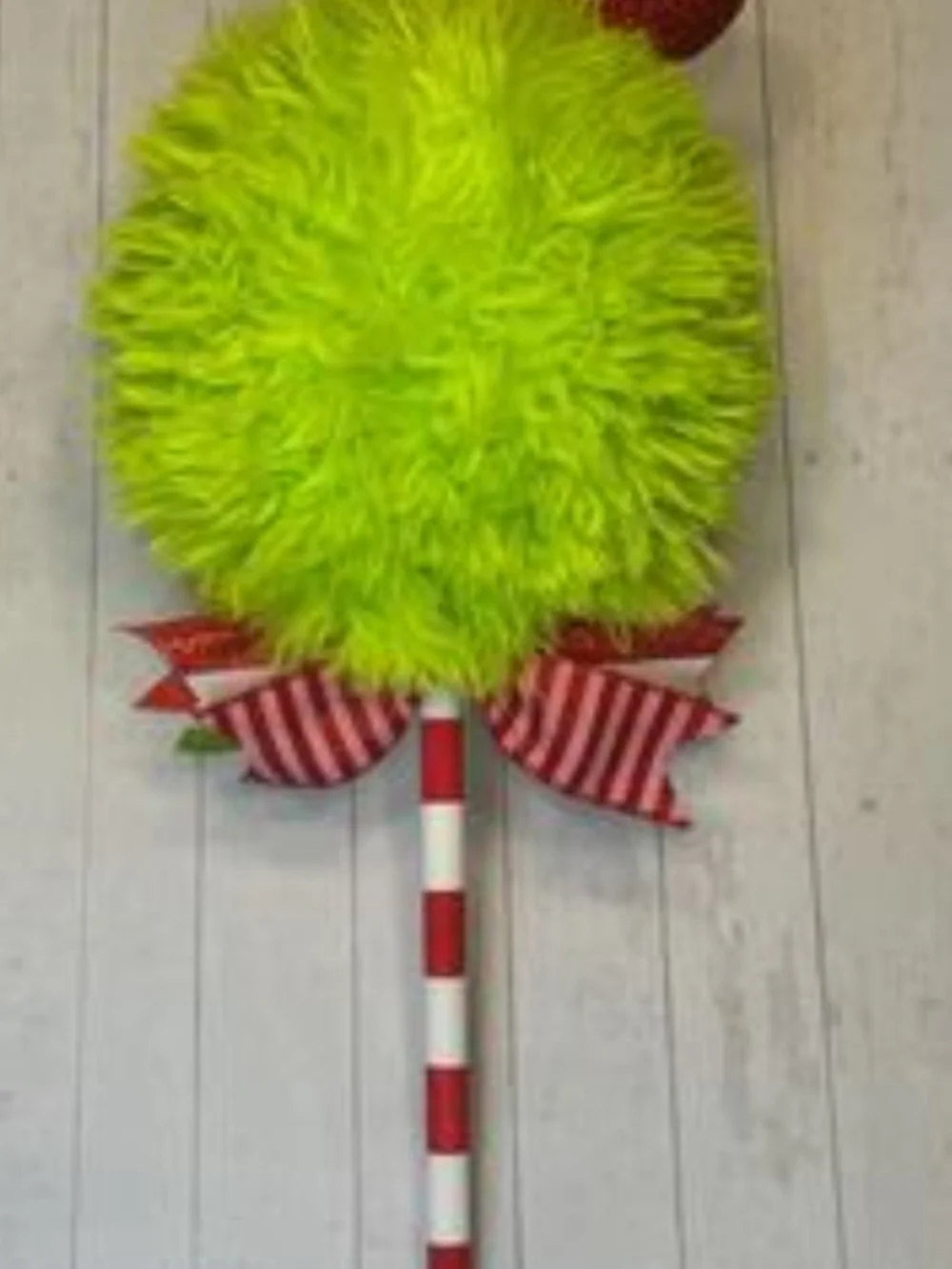 Lime Green Fuzzy Topiary with Red & White Striped Stem. 2 Count. NEW.